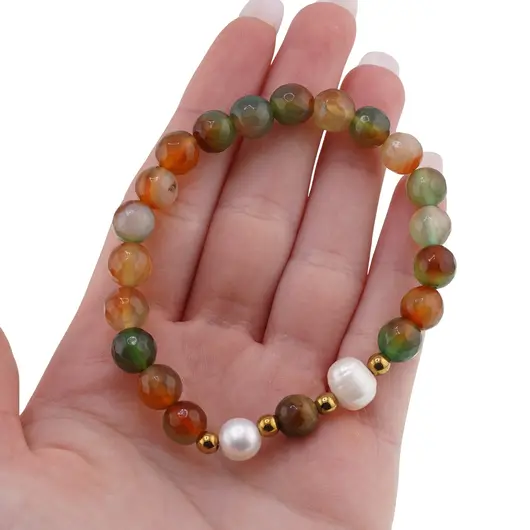 Bratara pe elastic Perle de cultura, bumbi aurii si Agat verde cu galben sfere fatetate 8mm, imagine 3