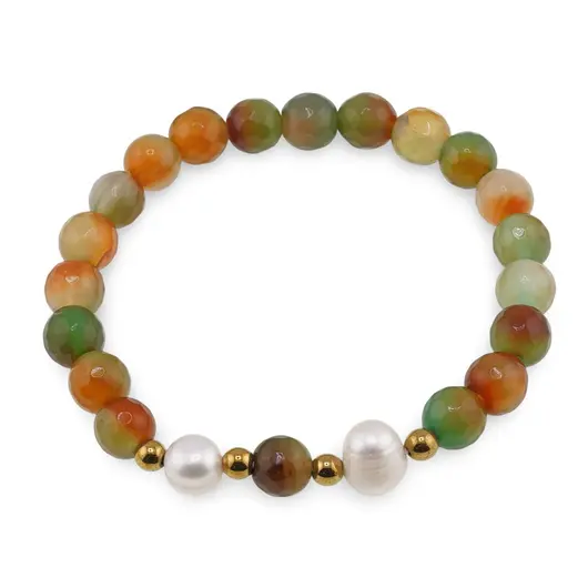 Bratara pe elastic Perle de cultura, bumbi aurii si Agat verde cu galben sfere fatetate 8mm