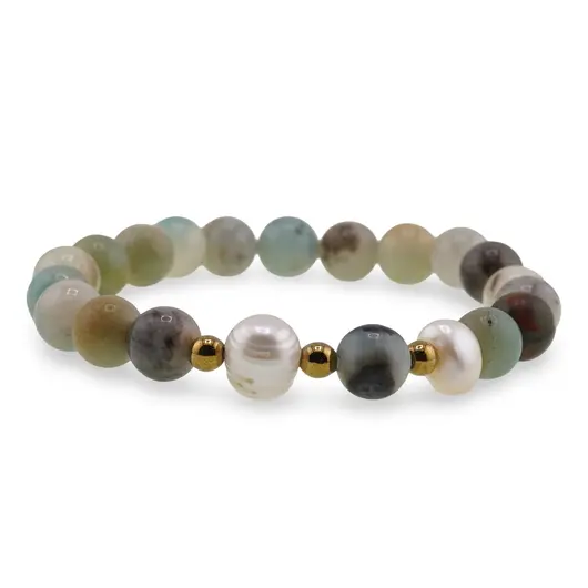 Bratara pe elastic Perle de cultura, bumbi aurii si Amazonit sfere 8mm, imagine 2