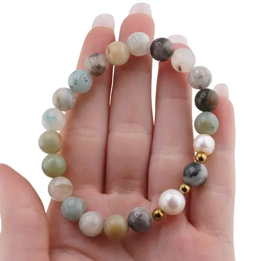 Bratara pe elastic Perle de cultura, bumbi aurii si Amazonit sfere 8mm, imagine 3
