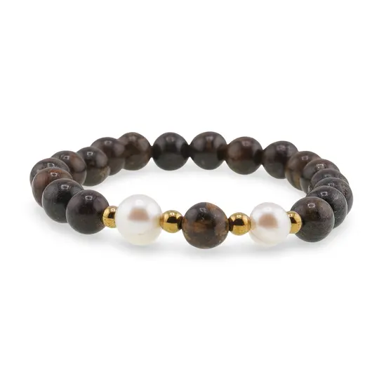 Bratara pe elastic Perle de cultura, bumbi aurii si Bronzit sfere 8mm, imagine 2