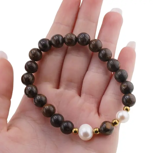 Bratara pe elastic Perle de cultura, bumbi aurii si Bronzit sfere 8mm, imagine 3