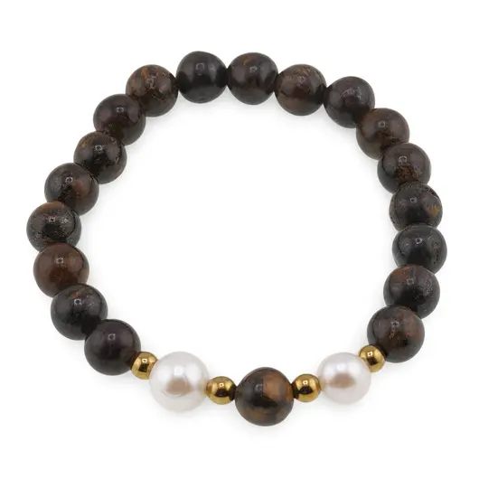 Bratara pe elastic Perle de cultura, bumbi aurii si Bronzit sfere 8mm