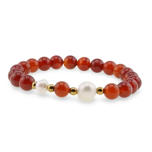 Bratara pe elastic Perle de cultura, bumbi aurii si Carneol sfere 8mm, imagine 2