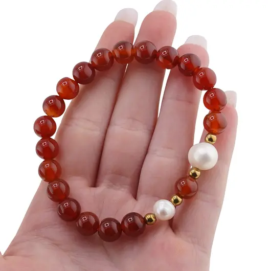 Bratara pe elastic Perle de cultura, bumbi aurii si Carneol sfere 8mm, imagine 3
