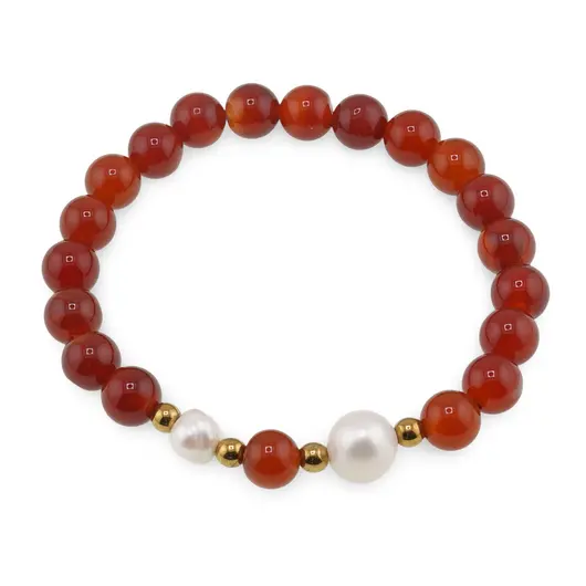 Bratara pe elastic Perle de cultura, bumbi aurii si Carneol sfere 8mm