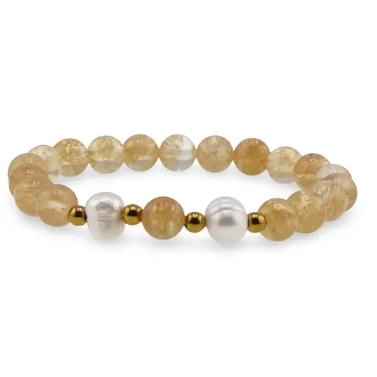 Bratara pe elastic Perle de cultura, bumbi aurii si Citrin sfere 8mm, imagine 2