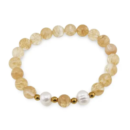 Bratara pe elastic Perle de cultura, bumbi aurii si Citrin sfere 8mm