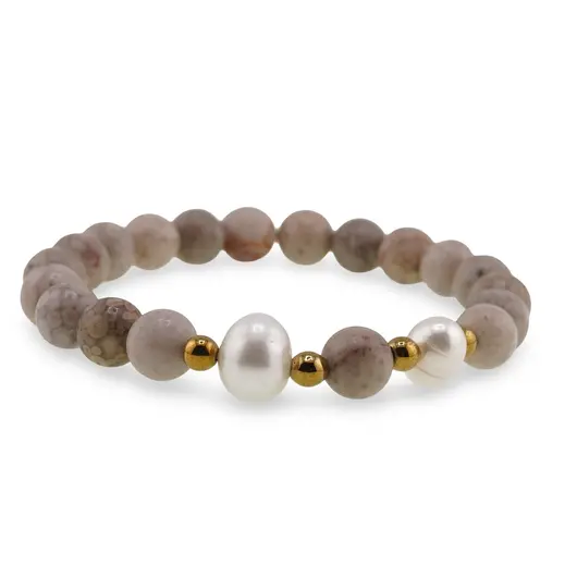 Bratara pe elastic Perle de cultura, bumbi aurii si Coral fosilic sfere 8mm, imagine 2