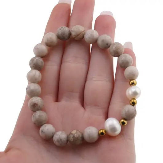 Bratara pe elastic Perle de cultura, bumbi aurii si Coral fosilic sfere 8mm, imagine 3