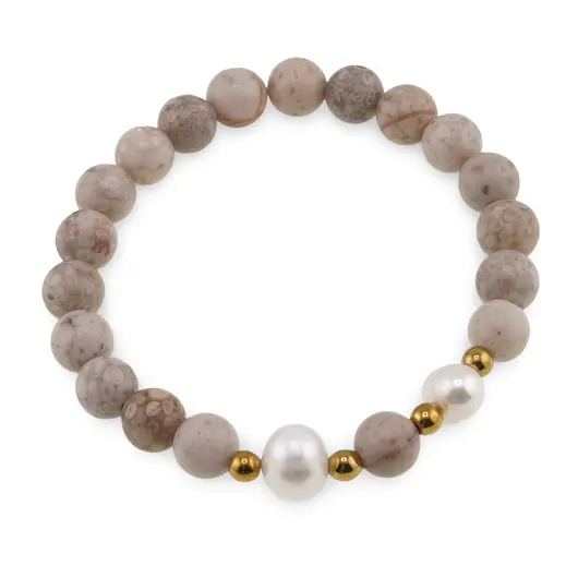 Bratara pe elastic Perle de cultura, bumbi aurii si Coral fosilic sfere 8mm