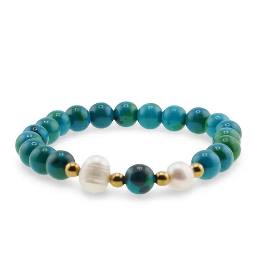 Bratara pe elastic Perle de cultura, bumbi aurii si Crisocola sfere 8mm, imagine 2