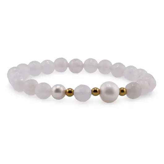 Bratara pe elastic Perle de cultura, bumbi aurii si Cuart roz sfere fatetate 8mm, imagine 2