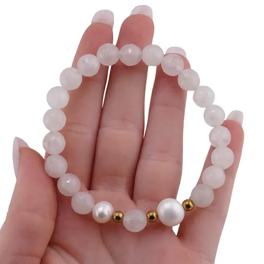 Bratara pe elastic Perle de cultura, bumbi aurii si Cuart roz sfere fatetate 8mm, imagine 3