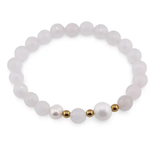 Bratara pe elastic Perle de cultura, bumbi aurii si Cuart roz sfere fatetate 8mm