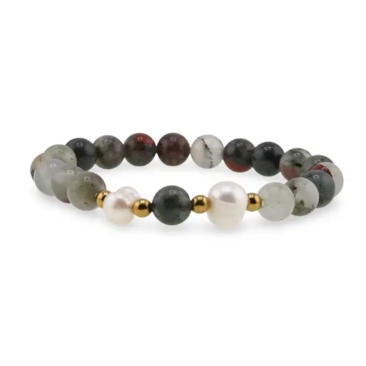 Bratara pe elastic Perle de cultura, bumbi aurii si Heliotrop sfere 8mm, imagine 2