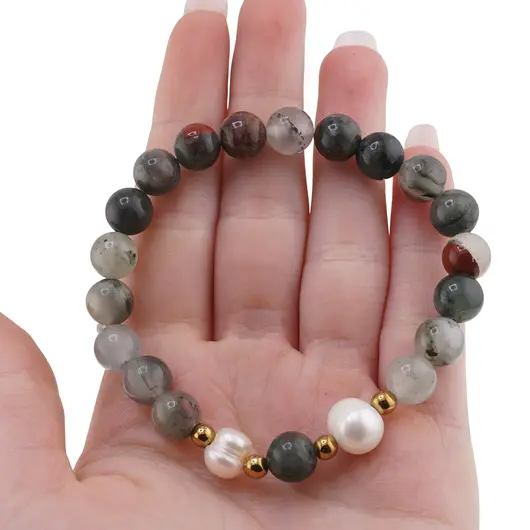 Bratara pe elastic Perle de cultura, bumbi aurii si Heliotrop sfere 8mm, imagine 3