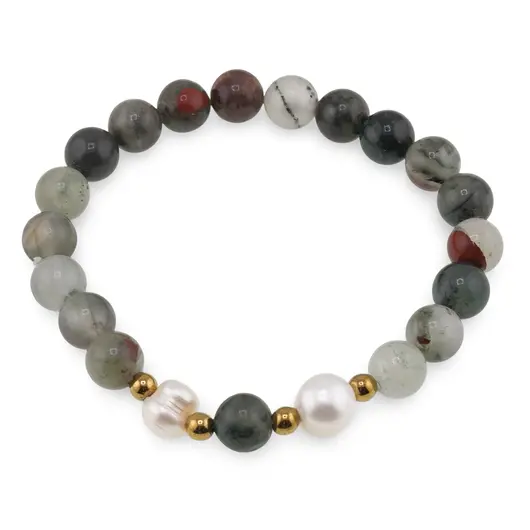 Bratara pe elastic Perle de cultura, bumbi aurii si Heliotrop sfere 8mm