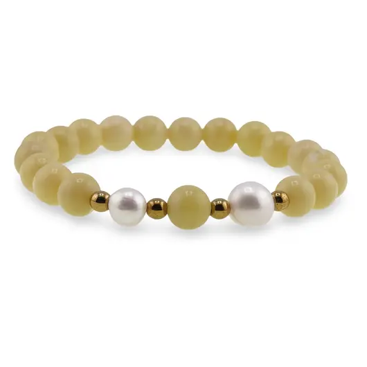 Bratara pe elastic Perle de cultura, bumbi aurii si Jad olive sfere 8mm, imagine 2