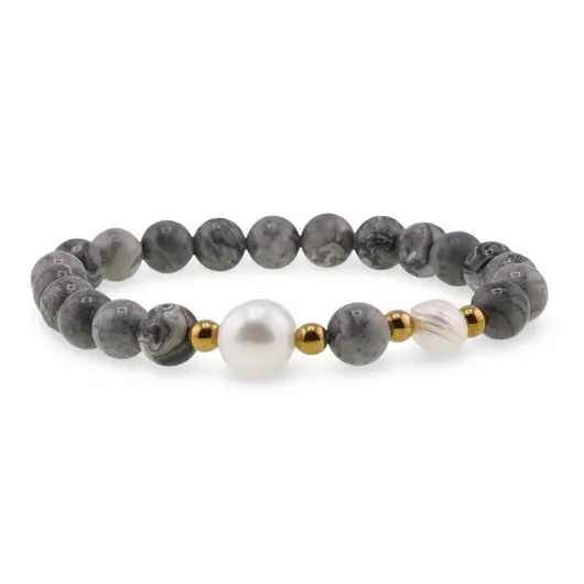 Bratara pe elastic Perle de cultura, bumbi aurii si Jasp earth sfere 8mm, imagine 2
