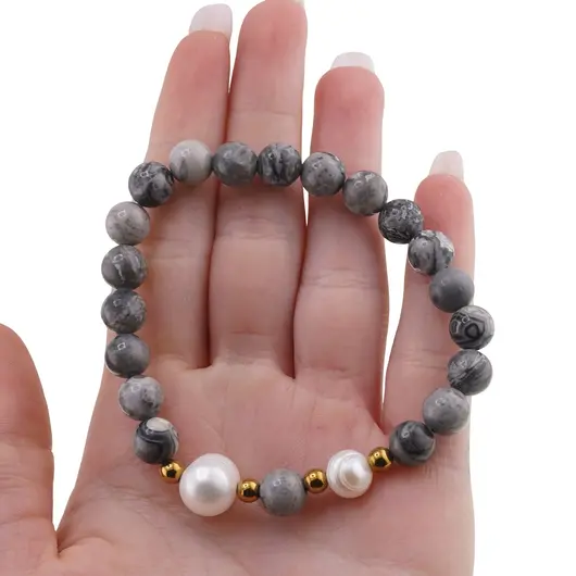 Bratara pe elastic Perle de cultura, bumbi aurii si Jasp earth sfere 8mm, imagine 3