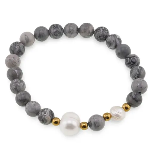 Bratara pe elastic Perle de cultura, bumbi aurii si Jasp earth sfere 8mm