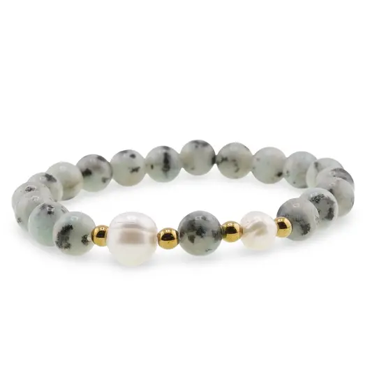 Bratara pe elastic Perle de cultura, bumbi aurii si Jasp kiwi sfere 8mm, imagine 2