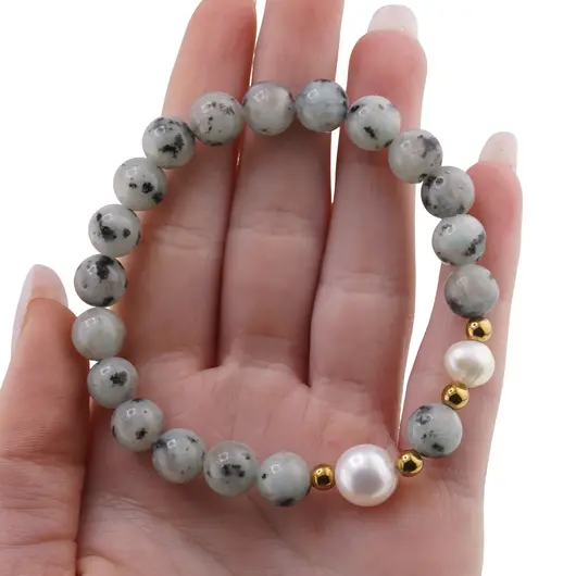 Bratara pe elastic Perle de cultura, bumbi aurii si Jasp kiwi sfere 8mm, imagine 3