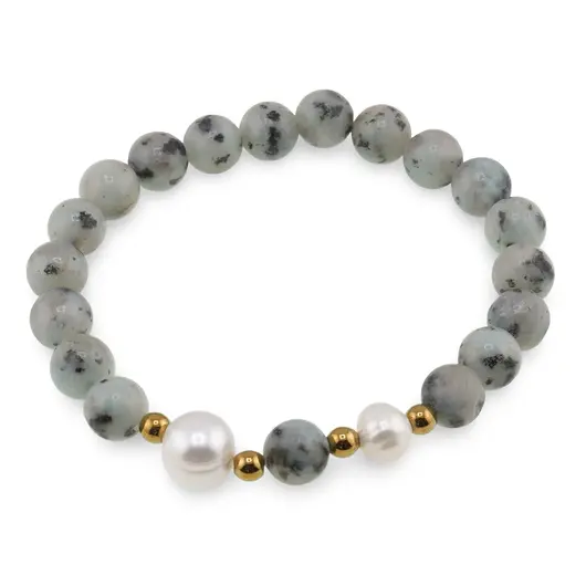 Bratara pe elastic Perle de cultura, bumbi aurii si Jasp kiwi sfere 8mm
