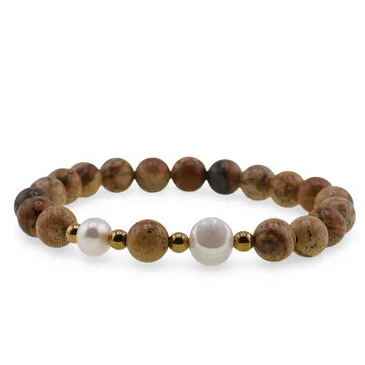 Bratara pe elastic Perle de cultura, bumbi aurii si Jasp peisaj sfere 8mm, imagine 2