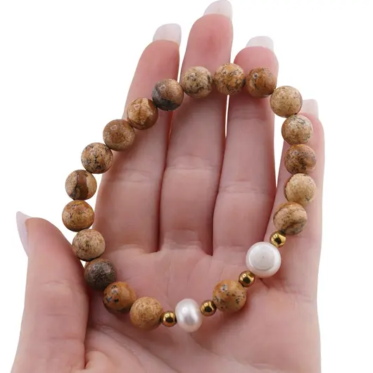 Bratara pe elastic Perle de cultura, bumbi aurii si Jasp peisaj sfere 8mm, imagine 3