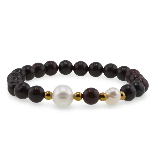 Bratara pe elastic Perle de cultura, bumbi aurii si Jasp poppy sfere 8mm, imagine 2