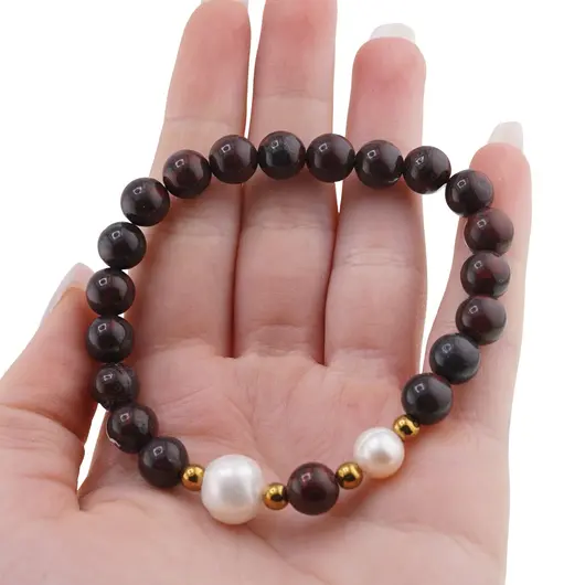 Bratara pe elastic Perle de cultura, bumbi aurii si Jasp poppy sfere 8mm, imagine 3