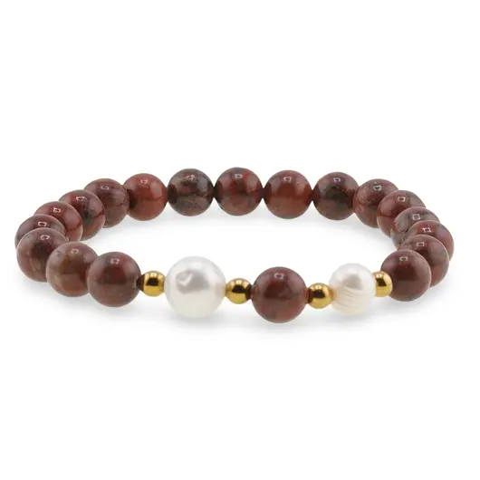 Bratara pe elastic Perle de cultura, bumbi aurii si Jasp rainbow sfere 8mm, imagine 2