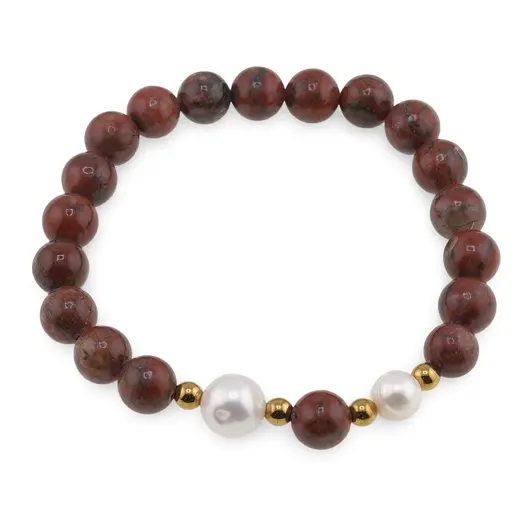 Bratara pe elastic Perle de cultura, bumbi aurii si Jasp rainbow sfere 8mm