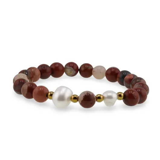 Bratara pe elastic Perle de cultura, bumbi aurii si Jasp rosu sfere 8mm, imagine 2
