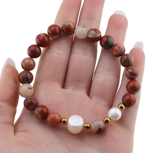 Bratara pe elastic Perle de cultura, bumbi aurii si Jasp rosu sfere 8mm, imagine 3