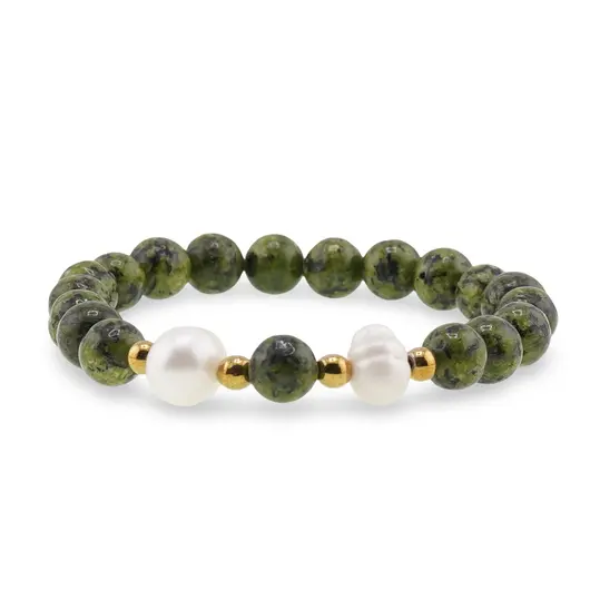 Bratara pe elastic Perle de cultura, bumbi aurii si Jasp sesame verde sfere 8mm, imagine 2
