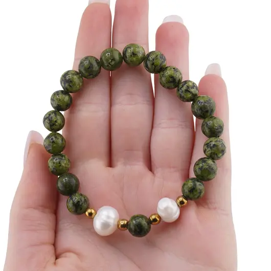 Bratara pe elastic Perle de cultura, bumbi aurii si Jasp sesame verde sfere 8mm, imagine 3