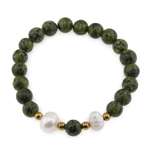 Bratara pe elastic Perle de cultura, bumbi aurii si Jasp sesame verde sfere 8mm