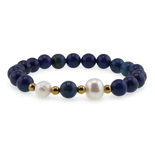 Bratara pe elastic Perle de cultura, bumbi aurii si Lapis lazuli sfere 8mm, imagine 2