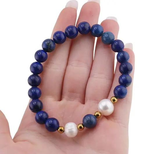 Bratara pe elastic Perle de cultura, bumbi aurii si Lapis lazuli sfere 8mm, imagine 3