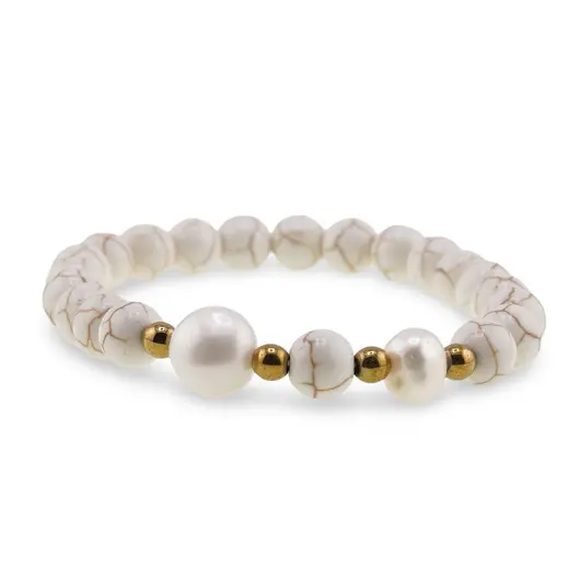 Bratara pe elastic Perle de cultura, bumbi aurii si Magnezit sfere 8mm, imagine 2