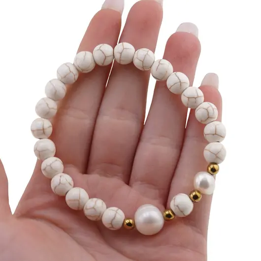 Bratara pe elastic Perle de cultura, bumbi aurii si Magnezit sfere 8mm, imagine 3