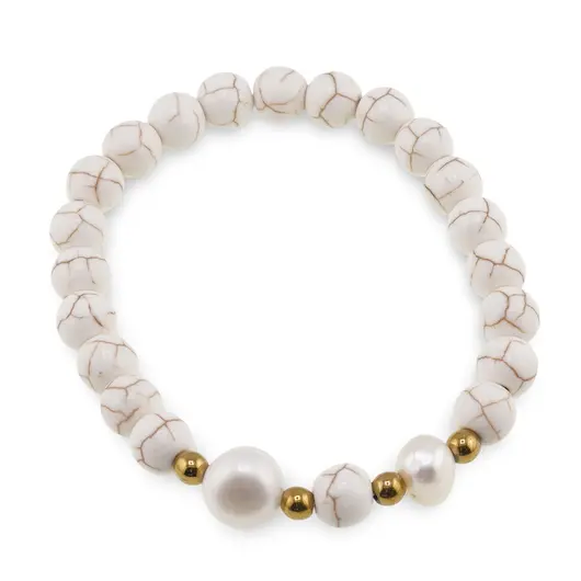 Bratara pe elastic Perle de cultura, bumbi aurii si Magnezit sfere 8mm