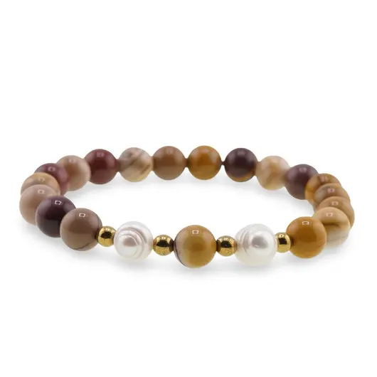 Bratara pe elastic Perle de cultura, bumbi aurii si Mookait sfere 8mm, imagine 2
