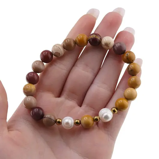 Bratara pe elastic Perle de cultura, bumbi aurii si Mookait sfere 8mm, imagine 3