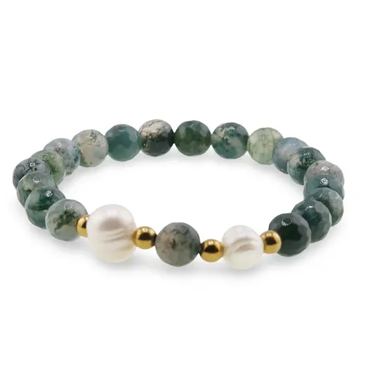 Bratara pe elastic Perle de cultura, bumbi aurii si Mossagat sfere fatetate 8mm, imagine 2