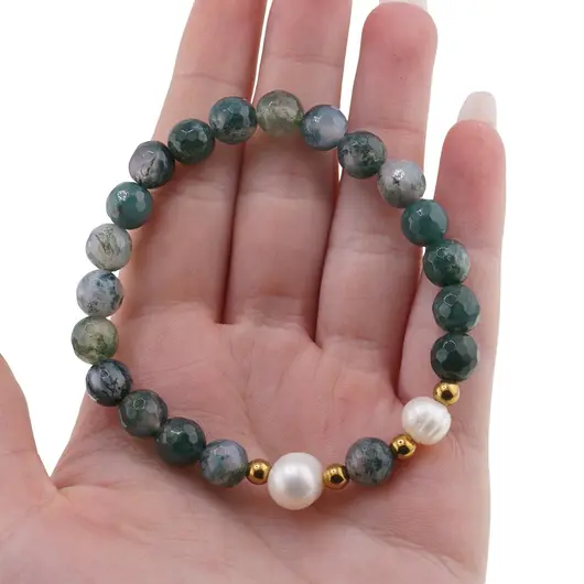 Bratara pe elastic Perle de cultura, bumbi aurii si Mossagat sfere fatetate 8mm, imagine 3