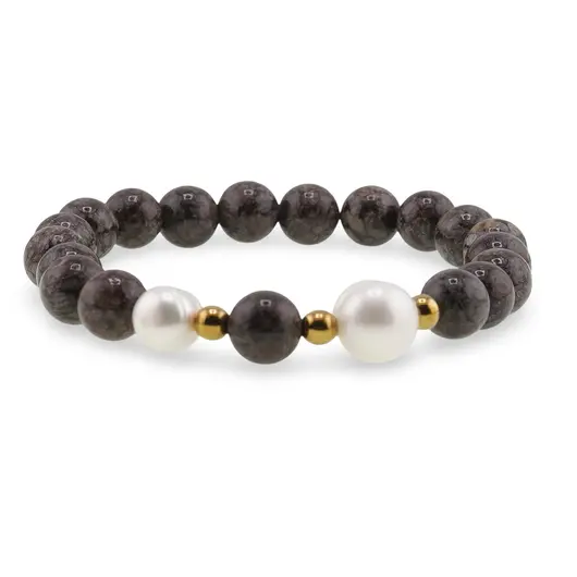 Bratara pe elastic Perle de cultura, bumbi aurii si Obsidian fulg de nea maro sfere 8mm, imagine 2